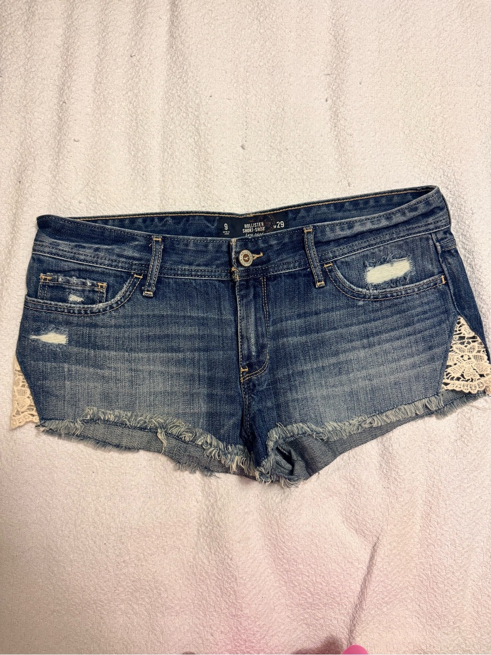 Hollister Washed Blue Denim Shorts with Lace Panels